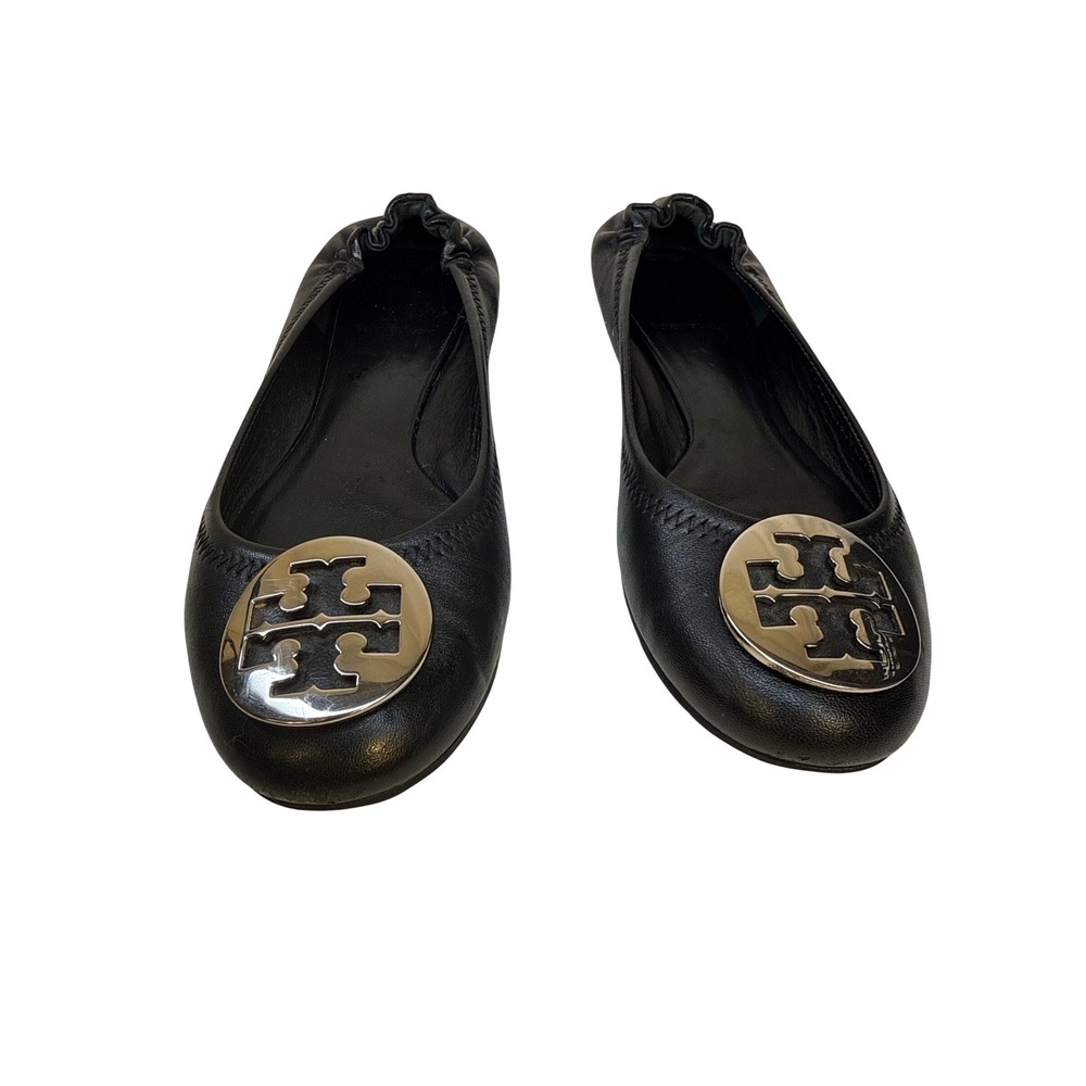 Tory Burch Minnie Travel Ballet Flats Black Leather Silver Logo Medallion. Sz 8